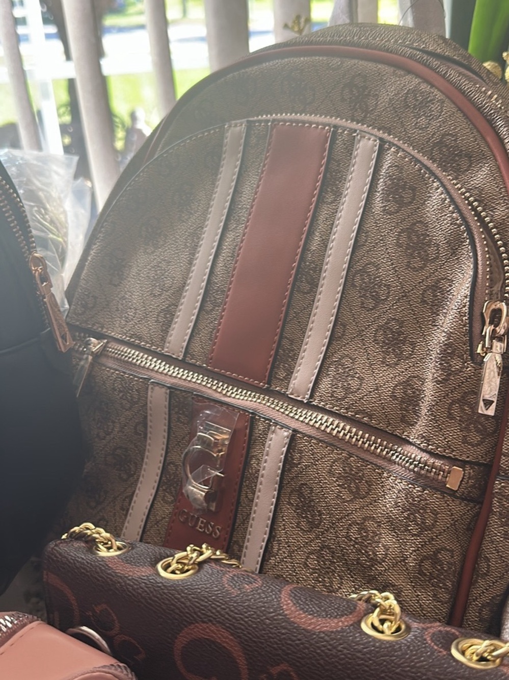 Guess Brown Monogram Backpack with Tan and Rose Accents